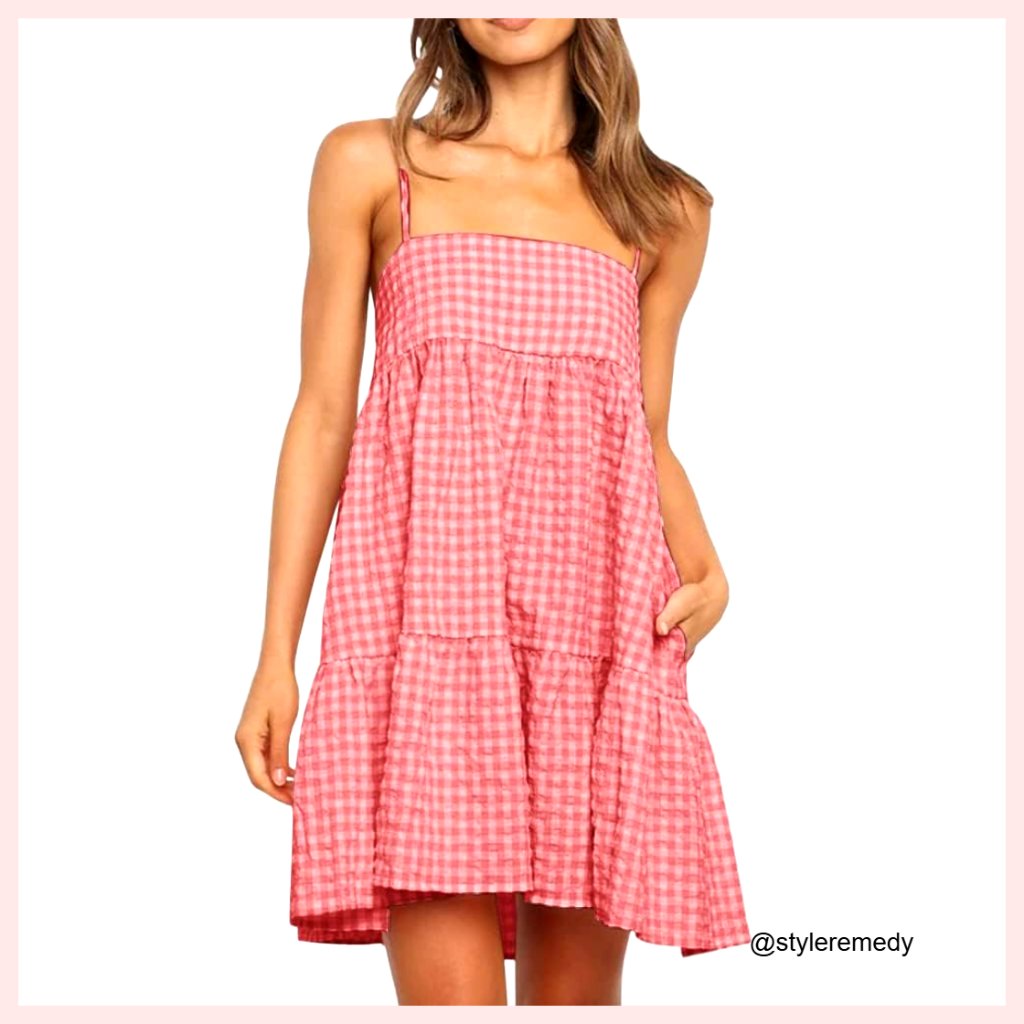 Plaid A-Line Mini Dress With Side Pockets, Adjustable Straps, Ruffle Hem
